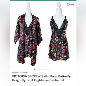 VICTORIA SECRET Satin Floral Butterfly Dragonfly Print Slip and Robe Set